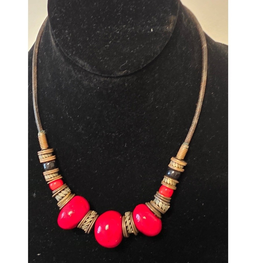 Vintage Necklace Red‎ Ceramic Leather Brass Beaded Womens